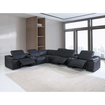 9762 DivanItalia Black 8-Piece L Shaped Top Grain Italian Leather Sectional Sofa with 3 Power Recliners