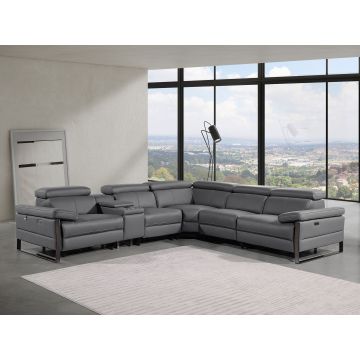 1246 DivanItalia Dark Grey 6-Piece L-Shaped Modular Power Reclining Sectional with 3 Power Recliners and Power Headrests – Top Grain Italian Leather