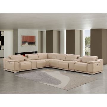 2679 Beige 8-Piece L-Shaped Power Reclining Sectional in Genuine Leather – 4 Recliners