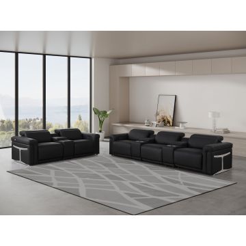 1126 DivanItalia Black 8-Piece Modular Power Reclining Sofa & Loveseat Set in Top Grain Italian Leather with 5 Power Recliners & Power Headrests