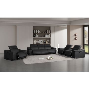 2679 Black Power Reclining Sofa, Console Loveseat & Chair Set in Genuine Leather – 5 Recliners