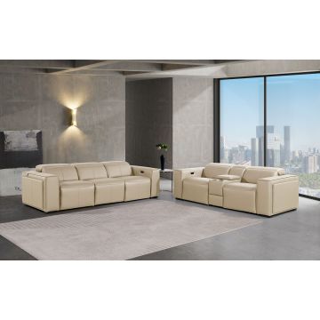 1224 DivanItalia Beige 6-Piece Modular Power Reclining Sofa and Console Loveseat Set in Top Grain Italian Leather with 5 Power Recliners & Power Headrests