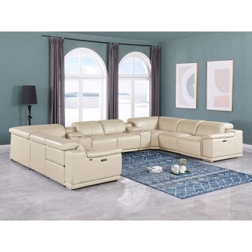9762 DivanItalia Beige 10-Piece U Shaped Top Grain Italian Leather Sectional Sofa with 4 Power Recliners