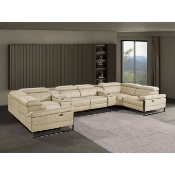 1246 DivanItalia BEIGE 8-Piece U-Shaped Modular Power Reclining Sectional with 2 Power Recliners and Power Headrests – Top Grain Italian Leather