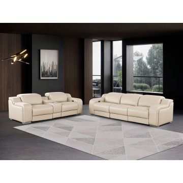 1116 DivanItalia Beige 6-Piece Modular Power Reclining Sofa and Console Loveseat Set in Top Grain Italian Leather with 5 Power Recliners & Power Headrests