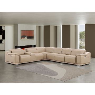 2679 Beige 7-Piece L-Shaped Power Reclining Sectional in Genuine Leather – 4 Recliners