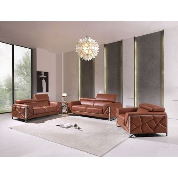 903 DivanItalia Camel 3-Piece Sofa Set with Adjustable Headrest in Top-Grain Italian Leather