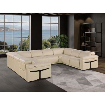 1126 DivanItalia Beige 8-Piece U-Shaped Sectional Sofa in Top Grain Italian Leather with 4 Power Recliners & Power Headrests