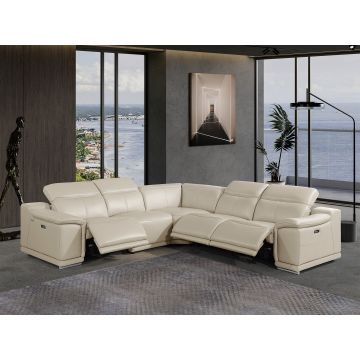 9762 DivanItalia Beige 5-Piece L Shaped Top Grain Italian Leather Sectional Sofa with 3 Power Recliners