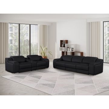 1116 DivanItalia Black 6-Piece Modular Power Reclining Sofa and Console Loveseat Set in Top Grain Italian Leather with 5 Power Recliners & Power Headrests