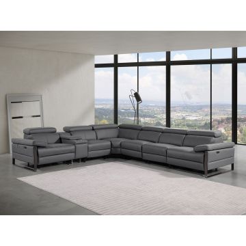 1246 DivanItalia Dark Grey 7-Piece L-Shaped Modular Power Reclining Sectional with 3 Power Recliners and Power Headrests – Top Grain Italian Leather