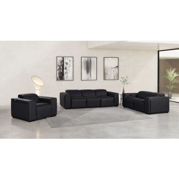 1224 DivanItalia Black 6-Piece Modular Power Reclining Sofa, Loveseat & Chair Set in Top Grain Italian Leather with 5 Power Recliners & Power Headrests
