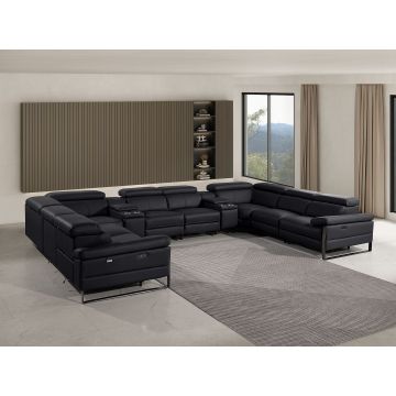 1246 DivanItalia BLACK 10-Piece U-Shaped Modular Power Reclining Sectional with 4 Power Recliners and Power Headrests – Top Grain Italian Leather