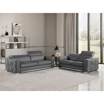 1120 DivanItalia Dark Gray 2-Piece Sofa Set with Adjustable Headrest in Top-Grain Italian Leather