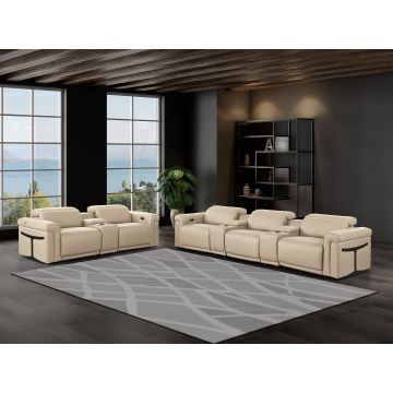 1126 DivanItalia Beige 8-Piece Modular Power Reclining Sofa & Loveseat Set in Top Grain Italian Leather with 5 Power Recliners & Power Headrests