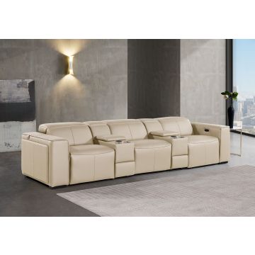 1224 DivanItalia Beige 5-Piece Modular Power Reclining Sofa in Top Grain Italian Leather with 3 Power Recliners & Power Headrests
