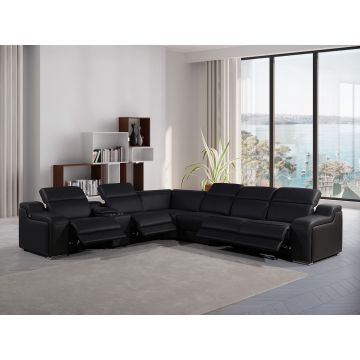 1116 DivanItalia Black 7-Piece L-Shaped Sectional Sofa in Top Grain Italian Leather with 4 Power Recliners & Power Headrests