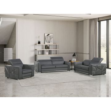 1120 DivanItalia Dark Gray 3-Piece Sofa Set with Adjustable Headrest in Top-Grain Italian Leather