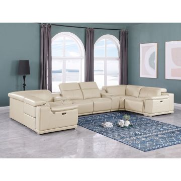 9762 DivanItalia Beige 8-Piece U Shaped Top Grain Italian Leather Sectional Sofa with 2 Power Recliners