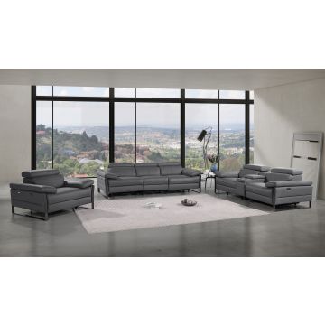 1246 DivanItalia Dark Grey Modular Power Dual Reclining Sofa, Console Loveseat, and Chair Set with Power Headrests – Top Grain Italian Leather