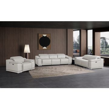 9762 DivanItalia LIght Gray 6-Piece Modular Power Reclining Sofa, Loveseat and Chair Set with 5 Power Recliners in Top Grain Italian Leather