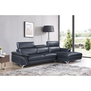 727 DivanItalia Navy Right Arf Facing Sectional with Adjustable Headrest in Top-Grain Italian Leather