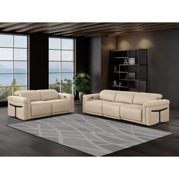 1126 DivanItalia Beige 5-Piece Modular Power Reclining Sofa and Loveseat Set in Top Grain Italian Leather with 4 Power Recliners & Power Headrests