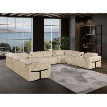 1126 DivanItalia Beige 12-Piece U-Shaped Sectional Sofa in Top Grain Italian Leather with 4 Power Recliners & Power Headrests