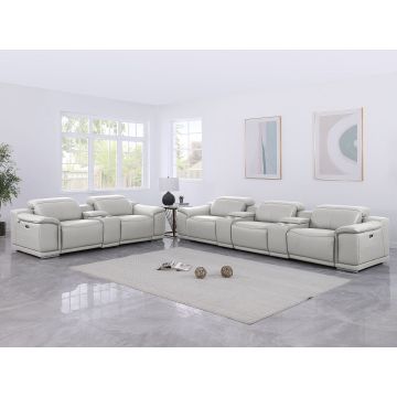 9762 DivanItalia LIght Gray 8-Piece Modular Power Reclining Sofa and Console Loveseat Set with Top Grain Italian Leather