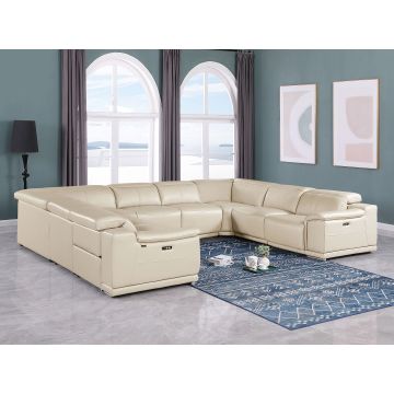 9762 DivanItalia Beige 8-Piece U Shaped Top Grain Italian Leather Sectional Sofa with 4 Power Recliners