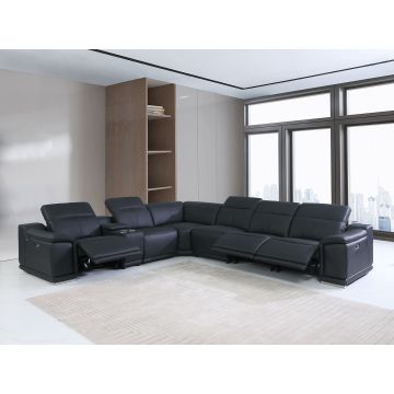9762 DivanItalia Black 7-Piece L Shaped Top Grain Italian Leather Sectional Sofa with 3 Power Recliners