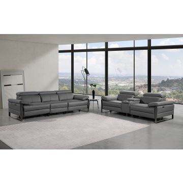 1246 DivanItalia Dark Grey Modular Power Triple Reclining Sofa and Console Loveseat Set with Power Headrests – Top Grain Italian Leather