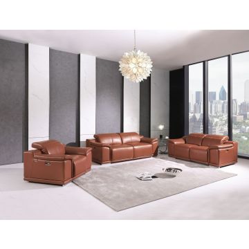 9762 DivanItalia Camel Top Grain Italian Leather Power Reclining Sofa, Loveseat and Chair Set with Adjustable Headrests