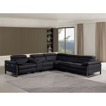1246 DivanItalia BLACK 6-Piece L-Shaped Modular Power Reclining Sectional with 3 Power Recliners and Power Headrests – Top Grain Italian Leather