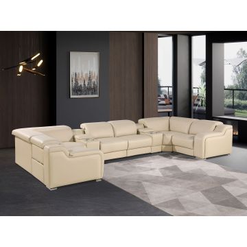 1116 DivanItalia Beige 10-Piece U-Shaped Sectional Sofa in Top Grain Italian Leather with 4 Power Recliners & Power Headrests