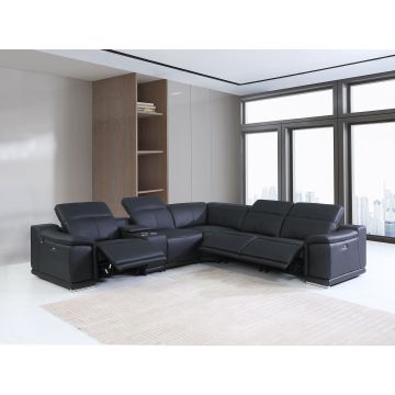 9762 DivanItalia Black 6-Piece L Shaped Top Grain Italian Leather Sectional Sofa with 3 Power Recliners