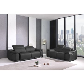 9762 DivanItalia Dark Gray Top Grain Italian Leather Power Reclining Sofa and Loveseat Set with Adjustable Headrests