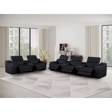 1116 DivanItalia Black 8-Piece Modular Power Reclining Sofa, Loveseat & Chair Set in Top Grain Italian Leather with 5 Power Recliners & Power Headrests