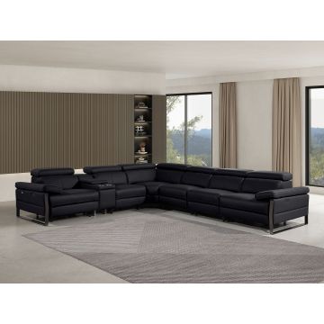 1246 DivanItalia BLACK 7-Piece L-Shaped Modular Power Reclining Sectional with 3 Power Recliners and Power Headrests – Top Grain Italian Leather