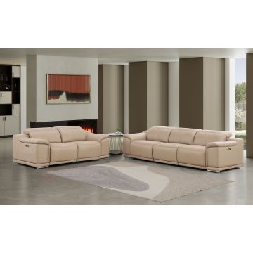 2679 Beige Genuine Leather Reclining Set – Sofa and Loveseat with 4 Power Recliners