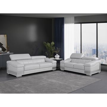 415 DivanItalia Light Gray 2-Piece Sofa Set with Adjustable Headrest in Top-Grain Italian Leather