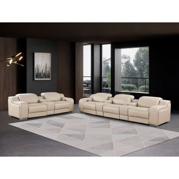 1116 DivanItalia Beige 8-Piece Modular Power Reclining Sofa, Loveseat & Chair Set in Top Grain Italian Leather with 5 Power Recliners & Power Headrests