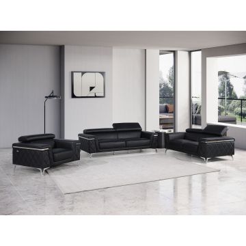 1140 DivanItalia Black 3-Piece Sofa Set with Adjustable Headrest in Top-Grain Italian Leather