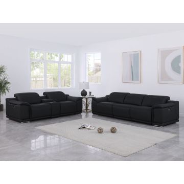 9762 DivanItalia Black 6-Piece Modular Power Reclining Sofa and Console Loveseat Set with 5 Power Recliners in Top Grain Italian Leather