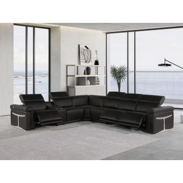 1126 DivanItalia Black 7-Piece L-Shaped Sectional Sofa in Top Grain Italian Leather with 3 Power Recliners & Power Headrests