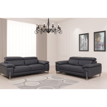 636 DivanItalia Dark Gray 2-Piece Sofa Set with Adjustable Headrest in Top-Grain Italian Leather
