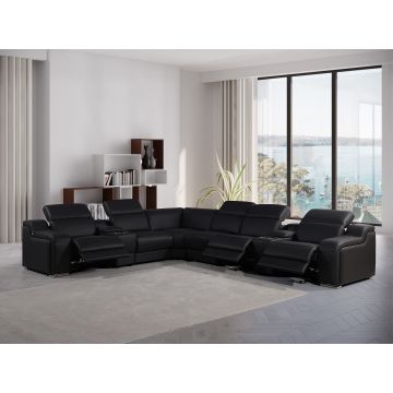 1116 DivanItalia Black 8-Piece L-Shaped Sectional Sofa in Top Grain Italian Leather with 3 Power Recliners & Power Headrests