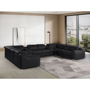 1116 DivanItalia Black 10-Piece U-Shaped Sectional Sofa in Top Grain Italian Leather with 4 Power Recliners & Power Headrests