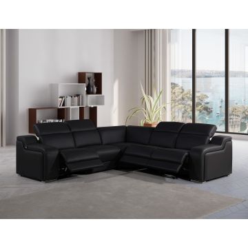1116 DivanItalia Black 5-Piece L-Shaped Sectional Sofa in Top Grain Italian Leather with 3 Power Recliners & Power Headrests