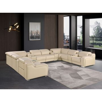 1116 DivanItalia Beige 12-Piece U-Shaped Sectional Sofa in Top Grain Italian Leather with 4 Power Recliners & Power Headrests